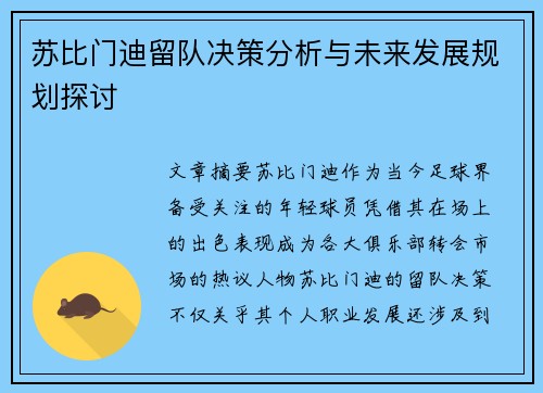 苏比门迪留队决策分析与未来发展规划探讨