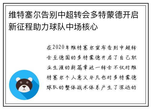 维特塞尔告别中超转会多特蒙德开启新征程助力球队中场核心